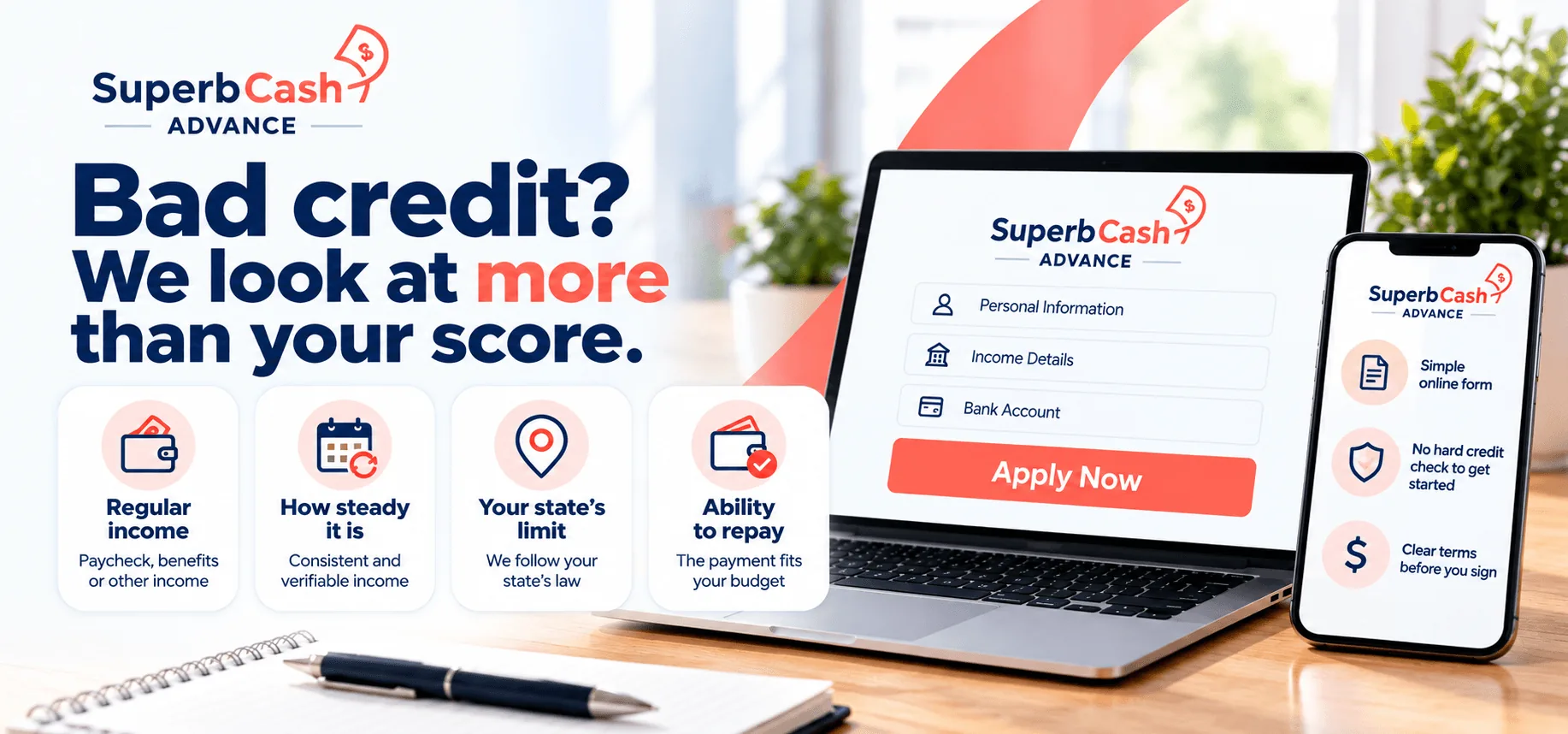 Superb Cash Advance graphic showing what we look at for a payday loan with bad credit: regular income, how steady it is, your state's limit, and ability to repay.
